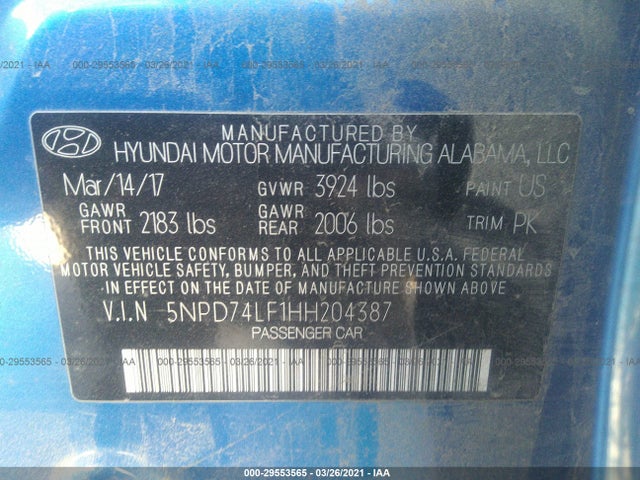 Hyundai Elantra 2017 5NPD74LF1HH204387 Image 9