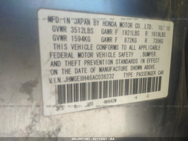 2010 HONDA FIT SPORT VIN: JHMGE8H46AC036232