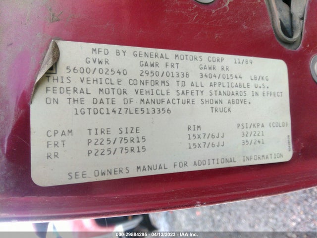 1990 GMC SIERRA C1500 VIN: 1GTDC14Z7LE513356