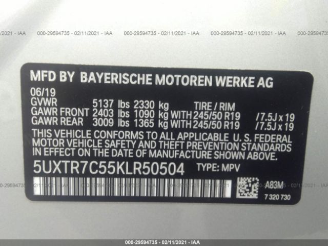 Auction sale of the 2019 BMW X3 , vin: 5UXTR7C55KLR50504, lot number: 29594735