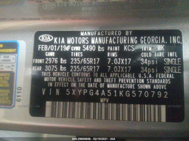 5XYPG4A51KG570792 KIA Sorento Lx V6