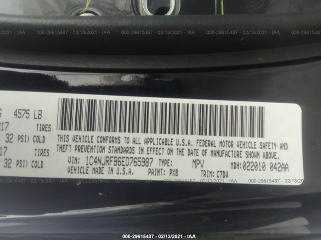 2014 JEEP PATRIOT LATITUDE VIN: 1C4NJRFB6ED765987