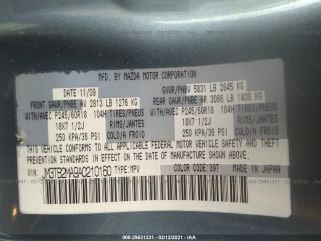 2010 MAZDA CX-9 TOURING VIN: JM3TB2MA9A0210160