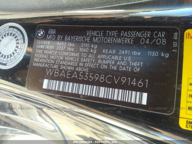Aukcja sprzedaży 2008 Bmw 650i, vin: WBAEA53598CV91461, numer aukcji: 29684384