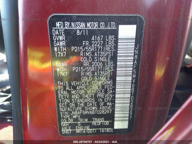 2011 NISSAN JUKE SL VIN: JN8AF5MV6BT028297