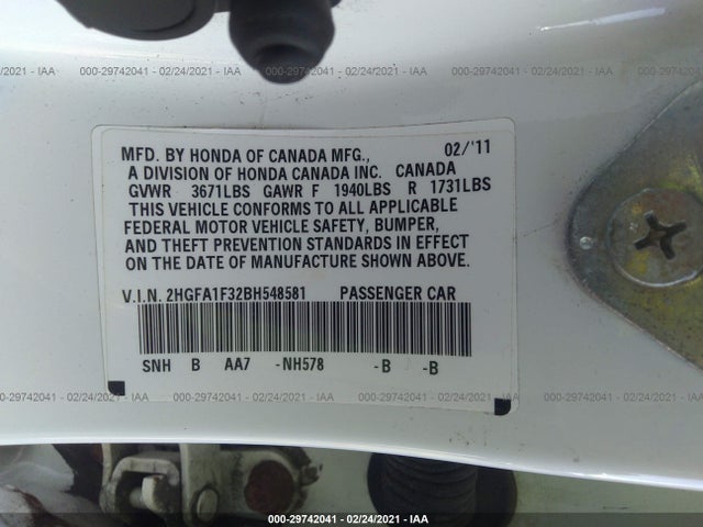 2011 HONDA CIVIC SDN DX-VP VIN: 2HGFA1F32BH548581