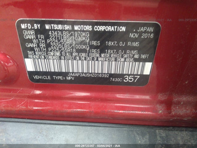 JA4AP3AU5HZ016392 Mitsubishi Outlander Sport 2.0