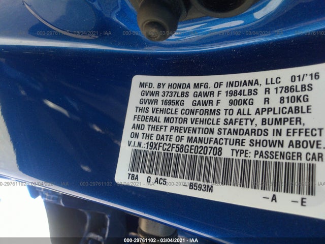 Honda Civic Sedan Lx 2016 19XFC2F58GE020708 Image 9