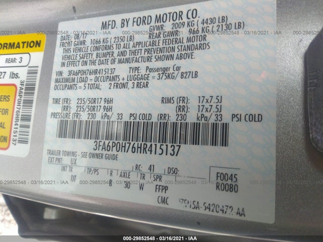 Ford FUSION SE 2017 3FA6P0H76HR415137 Image 10