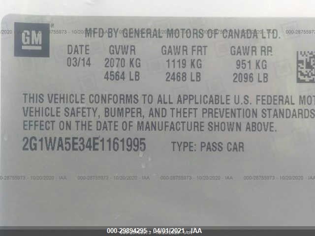 2014 CHEVROLET IMPALA LIMITED VIN: 2G1WA5E34E1161995