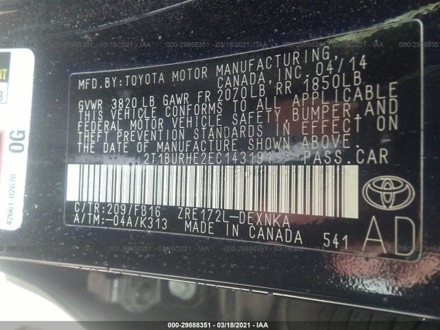 2014 TOYOTA COROLLA L/LE/S/S PLUS/LE PLUS VIN: 2T1BURHE2EC143191