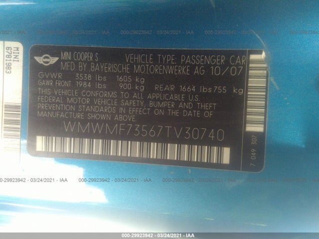 2007 MINI COOPER S WMWMF73567TV30740 Photo 8