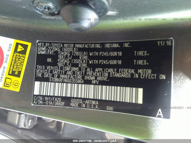 Toyota Highlander Le 2016 5TDBKRFH6GS355864 Image 9