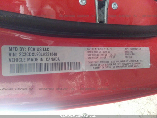 Dodge Charger Srt Hellcat 2020 2C3CDXL90LH221848 Image 9