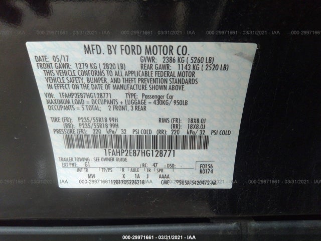 2017 Ford Taurus, VIN: 1FAHP2E87HG128771