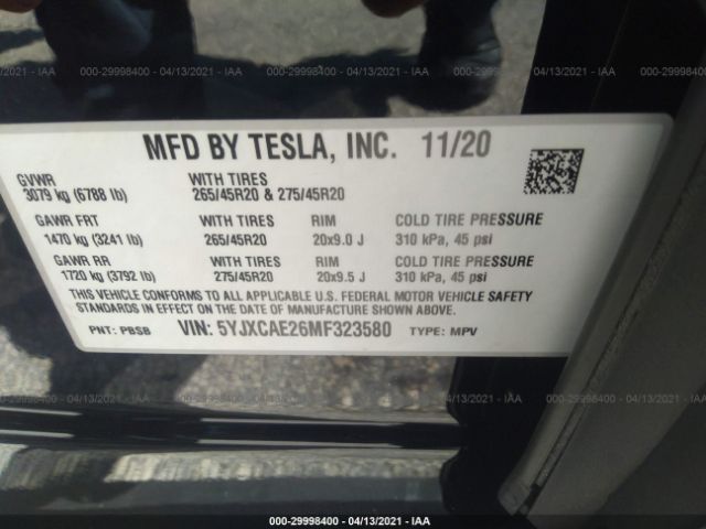 5YJXCAE26MF323580 Tesla Model X Long Range Dual Motor All-wheel Drive/long Range Plus Dual Motor All-wheel Drive