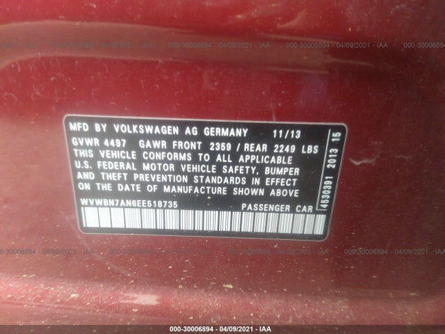 2014 Volkswagen CC, VIN: WVWBN7AN6EE518735