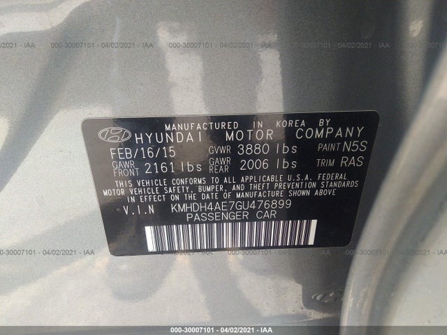 2016 HYUNDAI ELANTRA LIMITED VIN: KMHDH4AE7GU476899