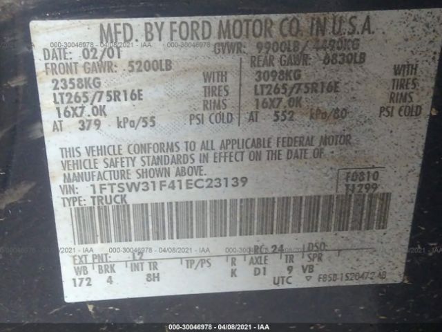 2001 FORD SUPER DUTY F-350 SRW 1FTSW31F41EC23139 Photo 8