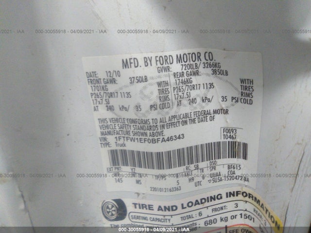 2011 FORD F-150 XL/XLT/FX4/LARIAT VIN: 1FTFW1EF0BFA46343