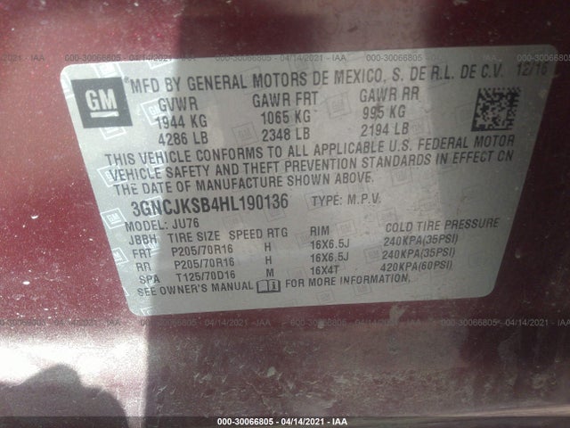 Chevrolet TRAX LS 2017 3GNCJKSB4HL190136 Image 10