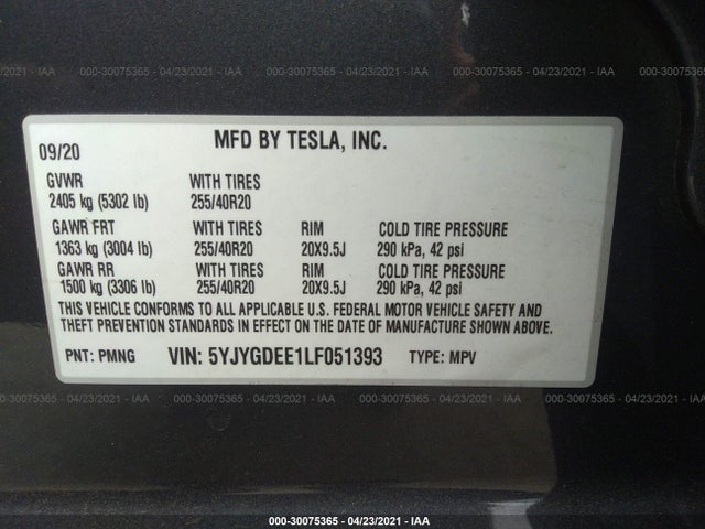 Tesla Model Y Long Range 2020 5YJYGDEE1LF051393 Image 11