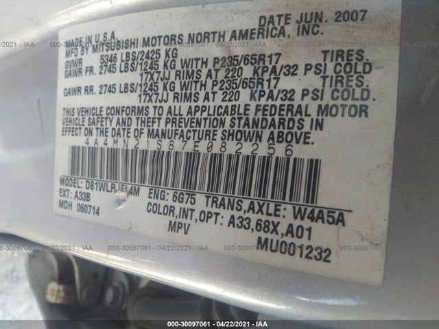 2007 MITSUBISHI ENDEAVOR 4A4MN21S87E082256 Photo 8