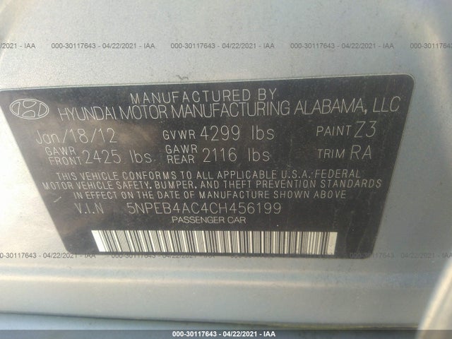 2012 HYUNDAI SONATA GLS PZEV VIN: 5NPEB4AC4CH456199