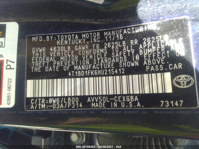 2017 Toyota Camry, VIN: 4T1BD1FK6HU215412