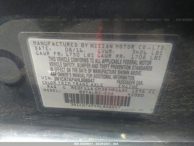 2017 Nissan Versa, VIN: 3N1CN7AP4HL808047