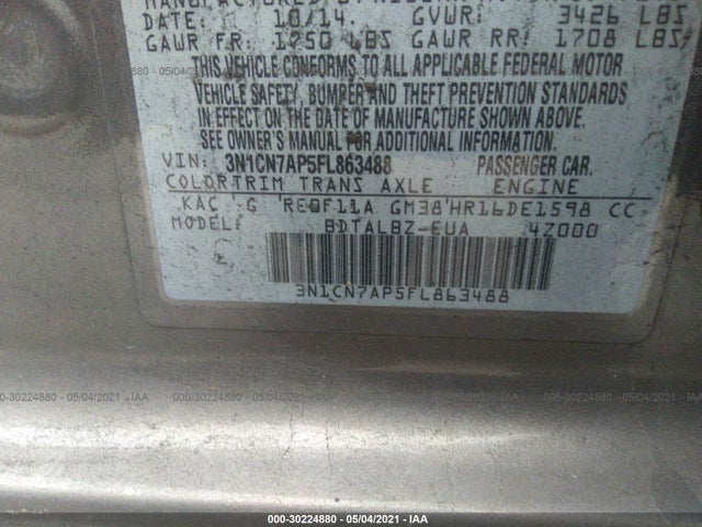 Nissan VERSA SV 2015 3N1CN7AP5FL863488 Image 10