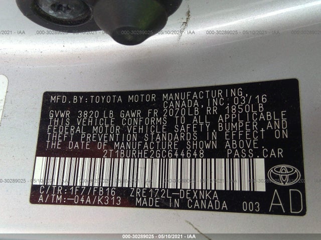 Toyota COROLLA LE 2016 2T1BURHE2GC644648 Image 9