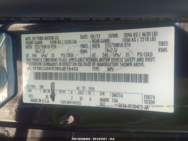 2013 FORD ESCAPE SEL VIN: 1FMCU0HX3DUB16452