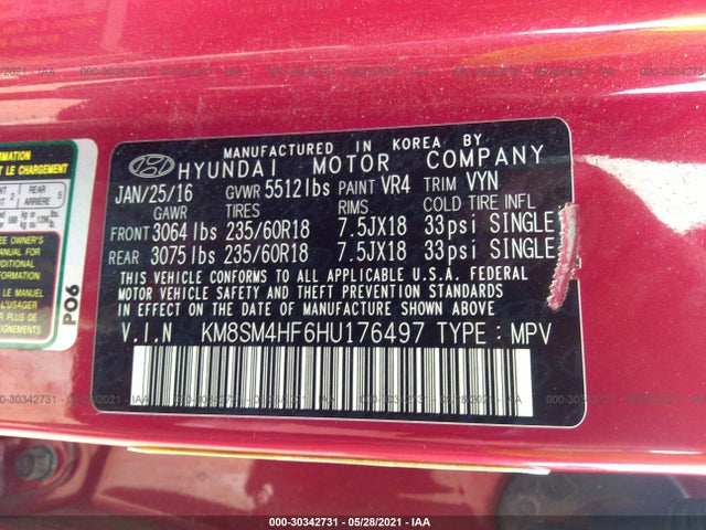 2017 HYUNDAI SANTA FE SE VIN: KM8SM4HF6HU176497