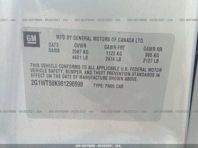 2008 CHEVROLET IMPALA LT VIN: 2G1WT58K981296598
