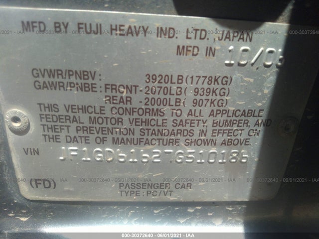 2007 SUBARU IMPREZA SEDAN I VIN: JF1GD61627G510186