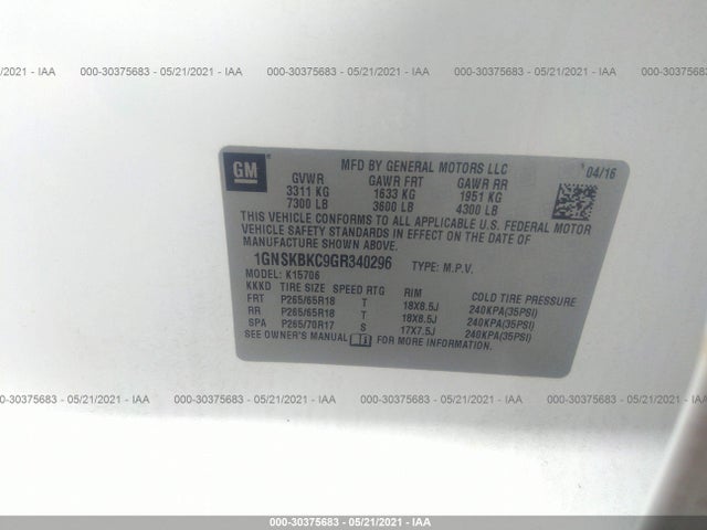 Chevrolet Tahoe Lt 2016 1GNSKBKC9GR340296 Image 9