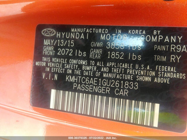 2016 HYUNDAI VELOSTER TURBO VIN: KMHTC6AE1GU261833