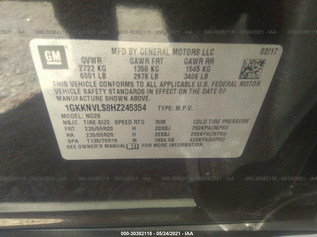 GMC ACADIA SLT 2017 1GKKNVLS8HZ245354 Image 9