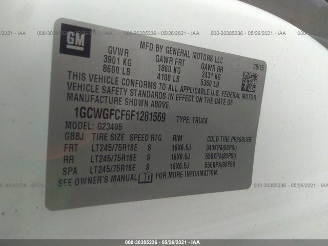 2015 CHEVROLET EXPRESS CARGO VAN VIN: 1GCWGFCF6F1281569