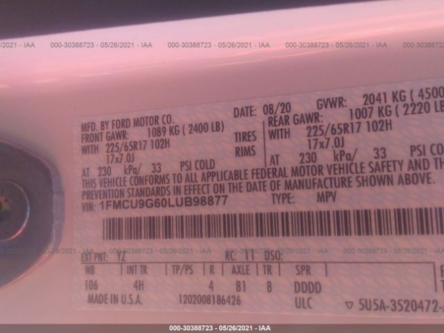 1FMCU9G60LUB98877 Ford ESCAPE SE
