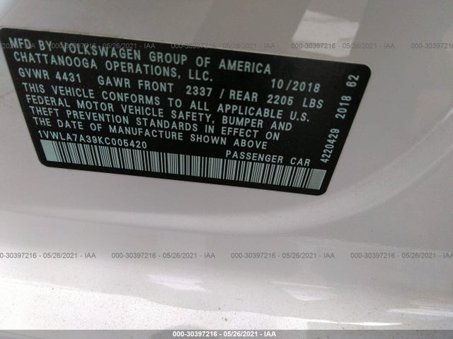 1VWLA7A39KC005420 Volkswagen Passat 2.0t Wolfsburg Edition