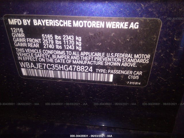 2017 BMW 5 Series, VIN: WBAJE7C35HG478824