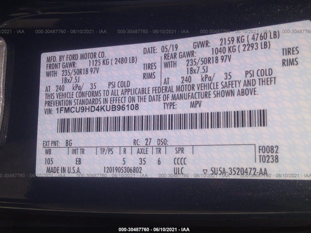 2019 Ford Escape, VIN: 1FMCU9HD4KUB96108