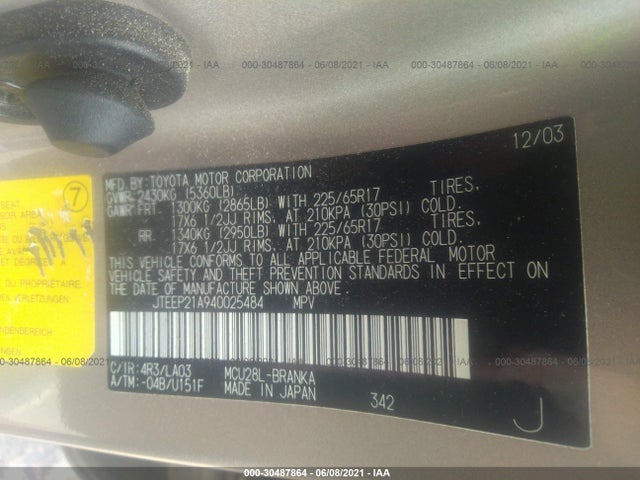 2004 TOYOTA HIGHLANDER VIN: JTEEP21A940025484