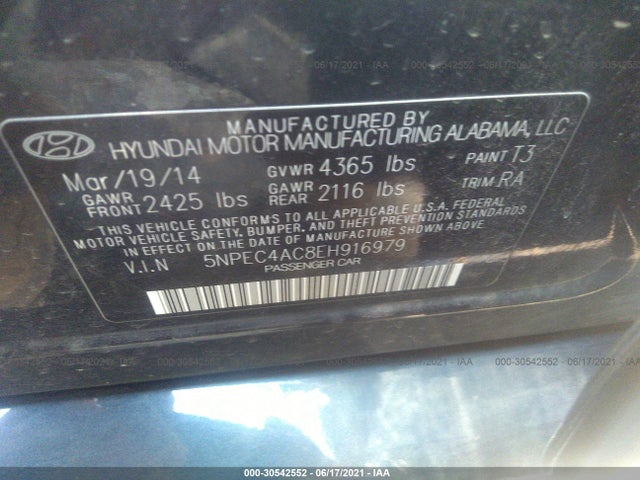 2014 HYUNDAI SONATA SE VIN: 5NPEC4AC8EH916979