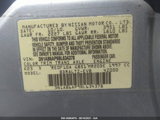 2011 NISSAN SENTRA 2.0 S VIN: 3N1AB6AP9BL634378