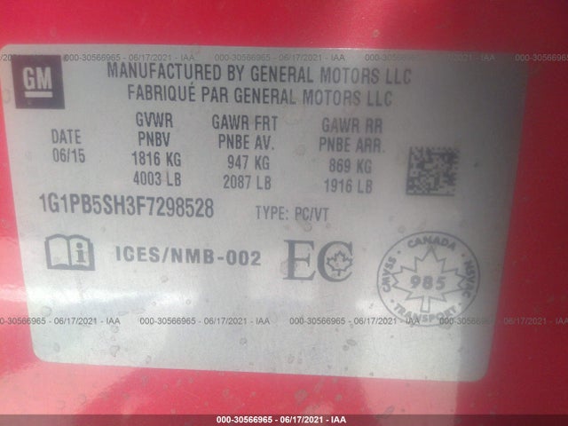 Chevrolet CRUZE LS 2015 1G1PB5SH3F7298528 Image 10