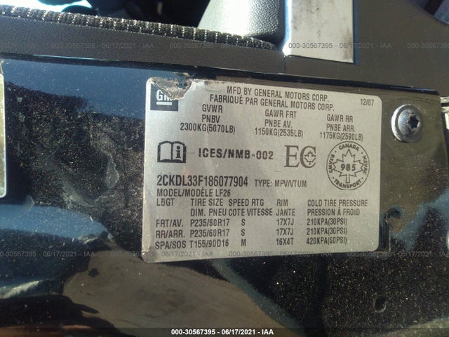 2008 PONTIAC TORRENT VIN: 2CKDL33F186077904