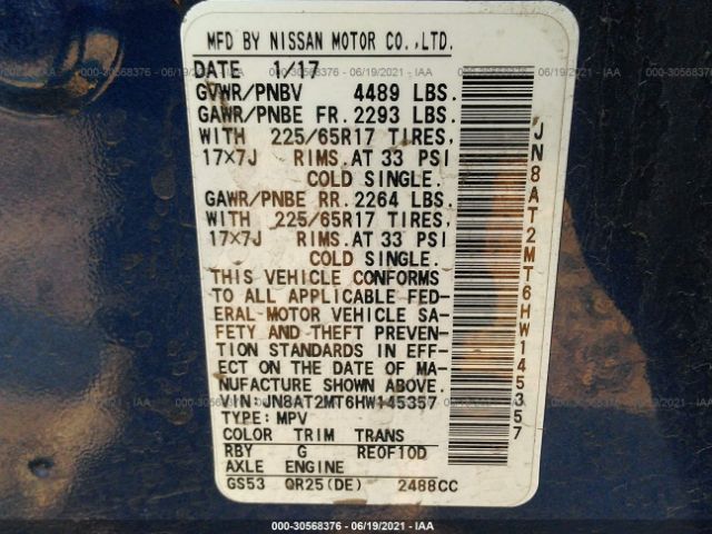 JN8AT2MT6HW145357 Nissan ROGUE S